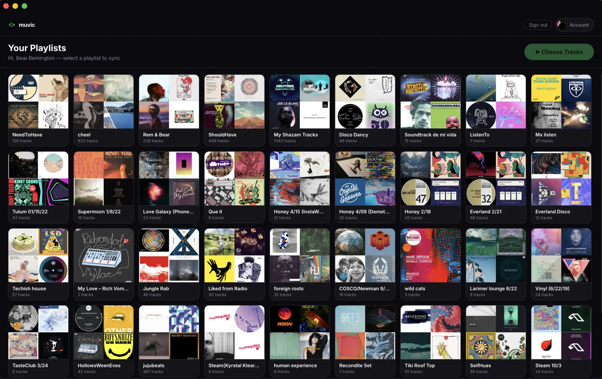Muvic desktop app showing a list of imported playlists ready to sync to Beatport and Bandcamp