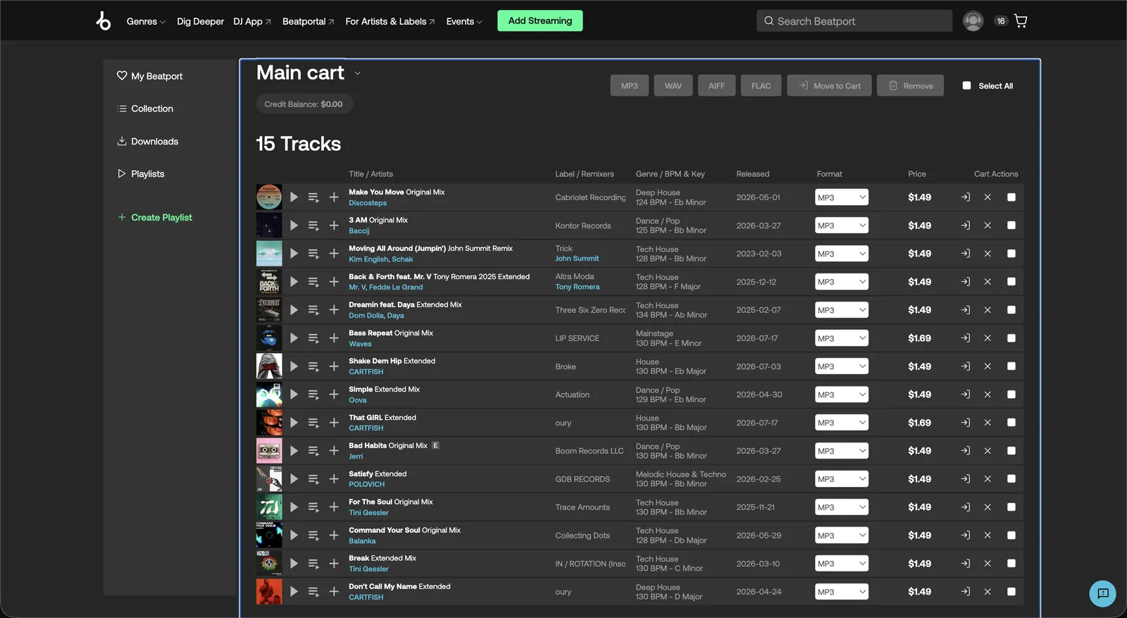 A Beatport cart holding 15 tracks added by a Muvic sync, each row showing the title and mix, artist, label, genre, BPM, key and price