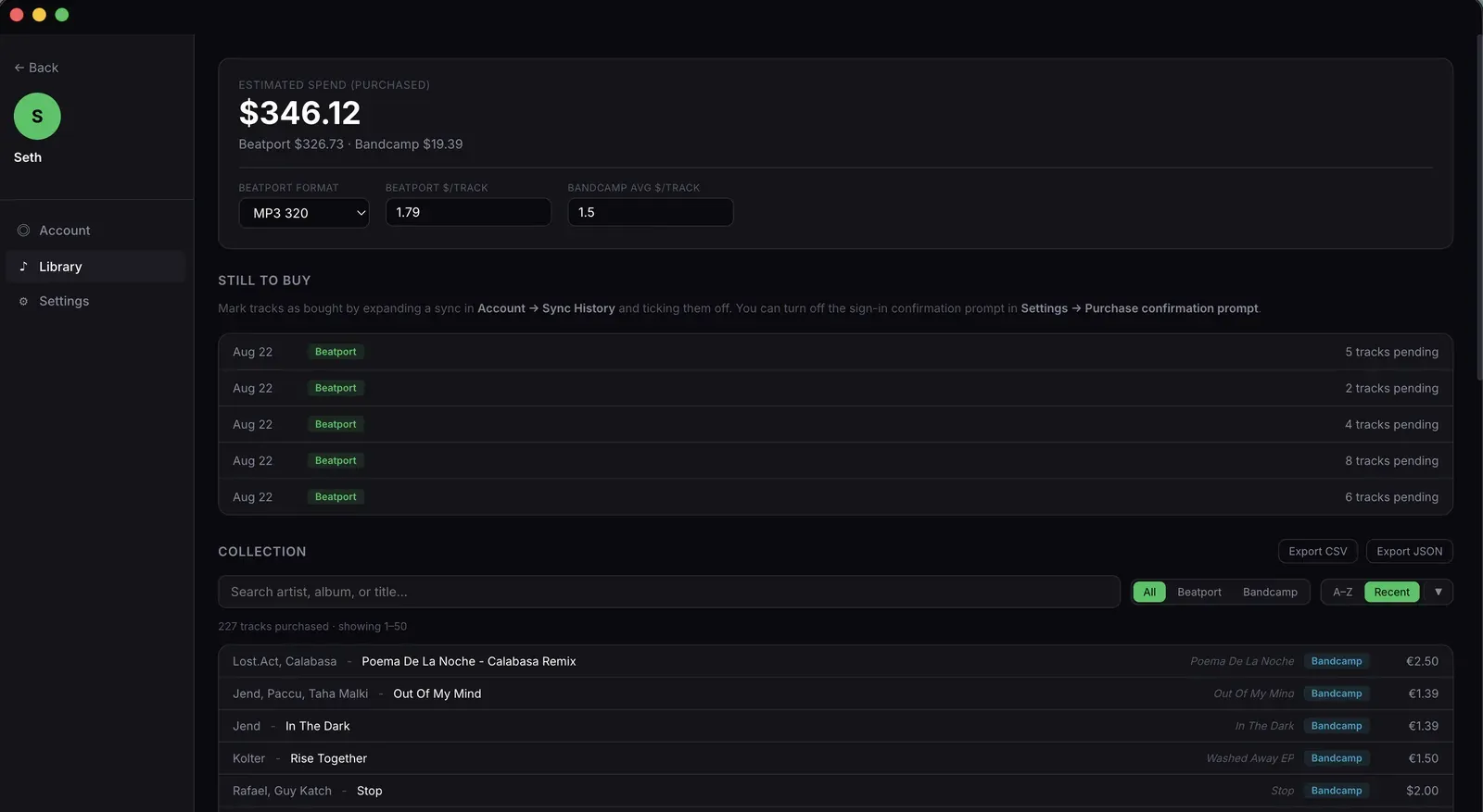 The Muvic library showing $346.12 of estimated spend split between Beatport and Bandcamp, a list of 227 purchased tracks, and CSV and JSON export buttons